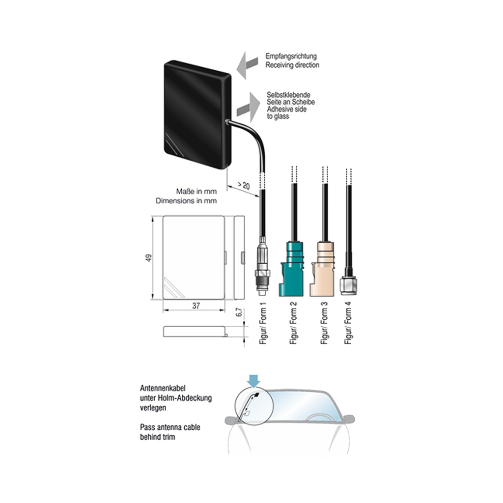 ATTB 4488.94 Glasklebe-Innenantenne, 3G/2G/WLAN, 0,15 m RG 174, SMA (m)